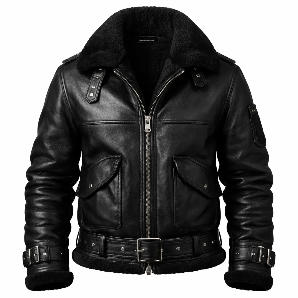 Main image: Black shearling aviator leather jacket for men, front view, featuring a warm shearling collar, zip closure, utility pockets, waist belt, and adjustable cuffs