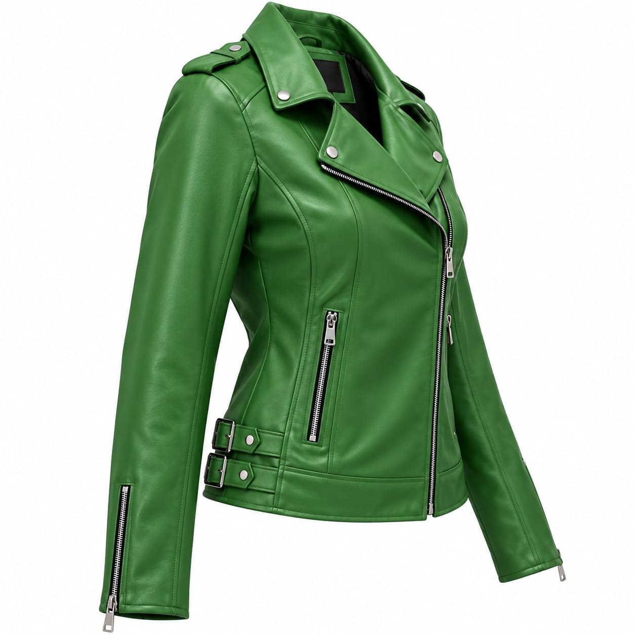 Women's Emerald Green Leather Biker Jacket - Genuine Lambskin Moto Jacket | Zentro Leather - Image 3