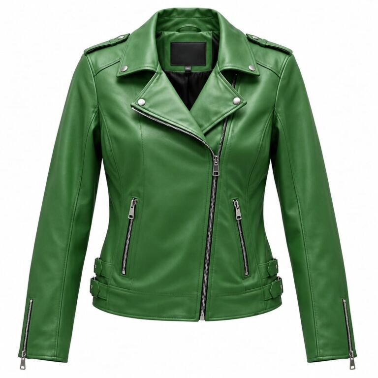 Women's emerald green leather biker jacket with asymmetrical zipper, wide lapel collar, zippered pockets and adjustable waist straps on a white background