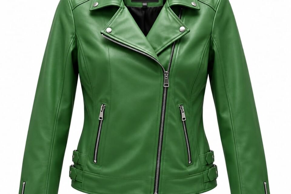 Women's emerald green leather biker jacket with asymmetrical zipper, wide lapel collar, zippered pockets and adjustable waist straps on a white background