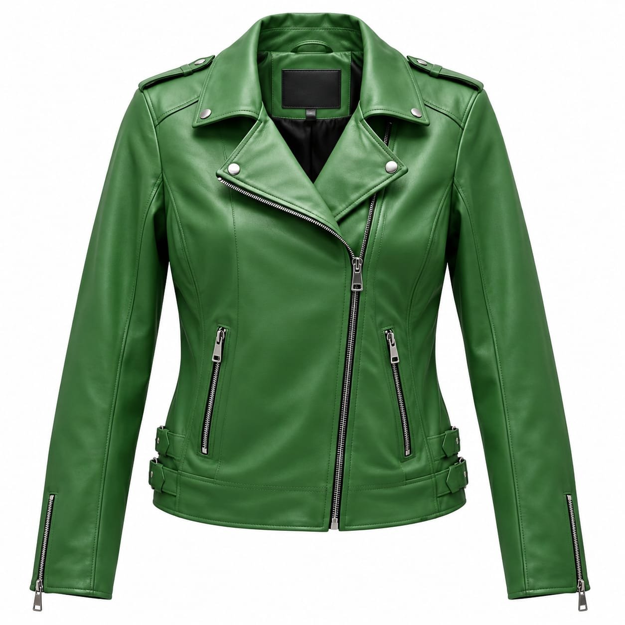 Women's emerald green leather biker jacket with asymmetrical zipper, wide lapel collar, zippered pockets and adjustable waist straps on a white background