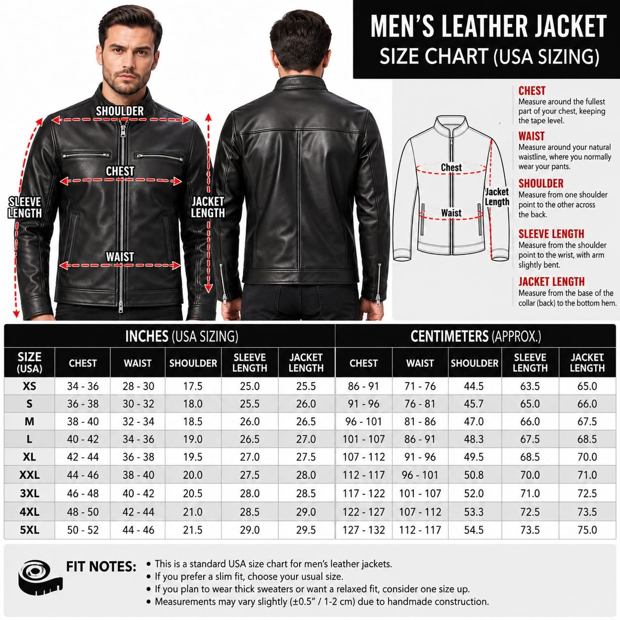 Men's black genuine leather jacket with stand collar and zip pockets