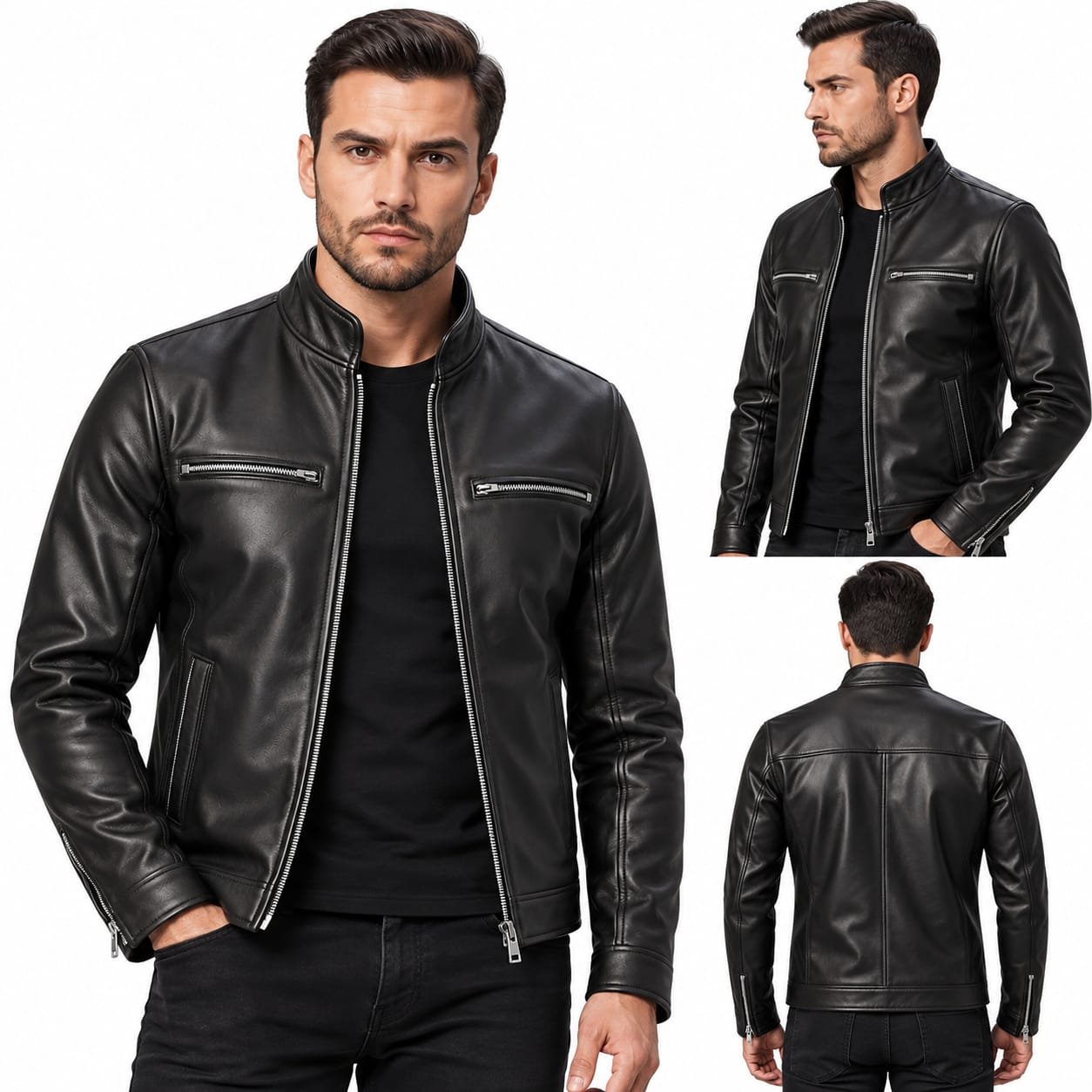 Men’s Black Genuine Leather Jacket with Stand Collar - Image 4