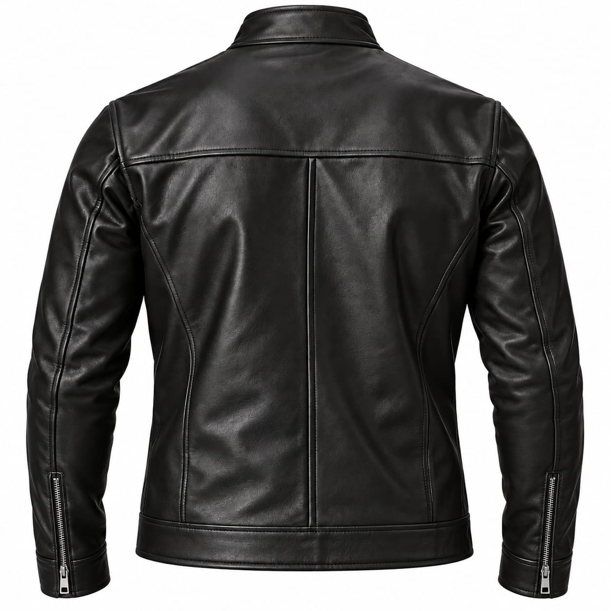 Men’s Black Genuine Leather Jacket with Stand Collar - Image 2