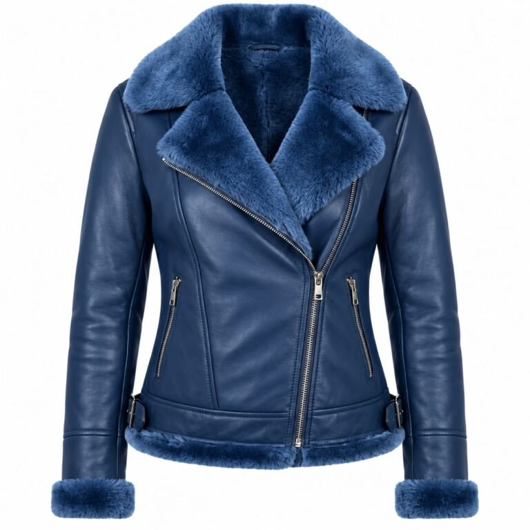 Women’s navy blue full fur lined leather jacket with shearling collar and cuffs