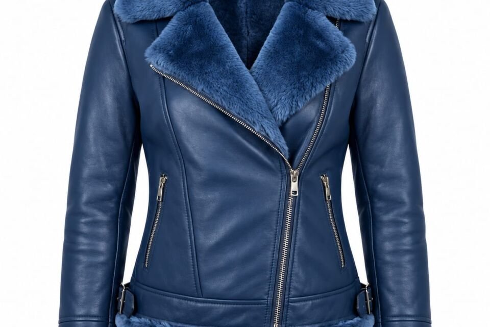 Women’s navy blue full fur lined leather jacket with shearling collar and cuffs