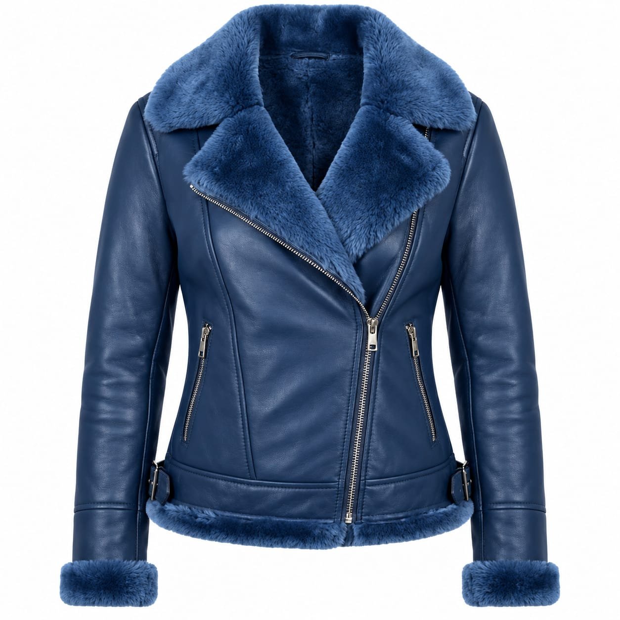 Women’s navy blue full fur lined leather jacket with shearling collar and cuffs