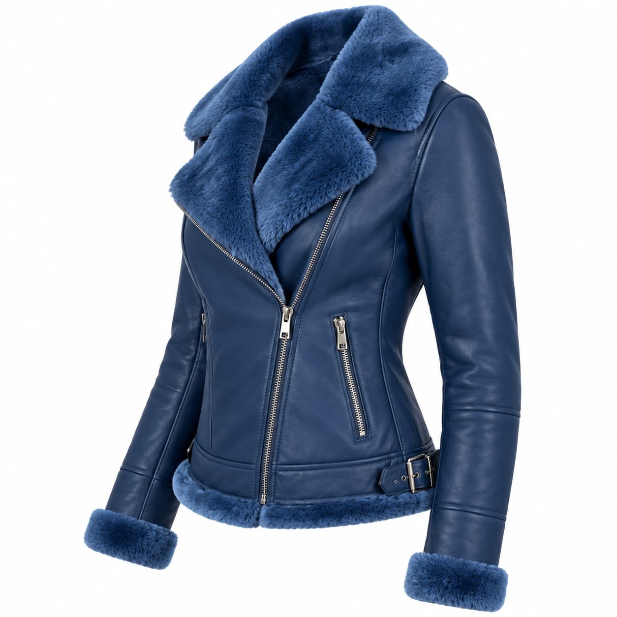 Navy blue full fur lined women’s leather jacket
