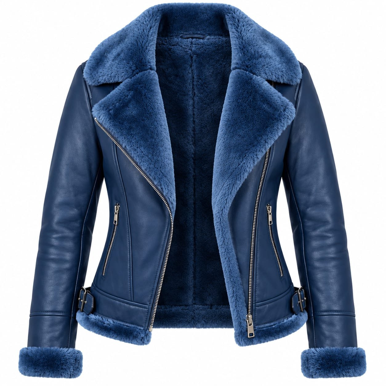 Navy blue full fur lined women’s leather jacket