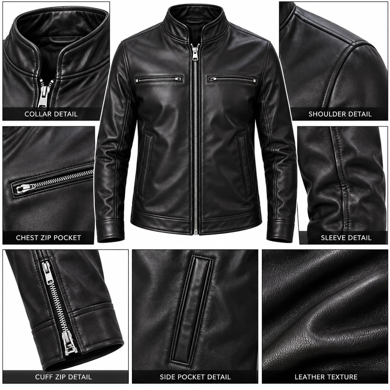 Men’s Black Genuine Leather Jacket with Stand Collar - Image 3