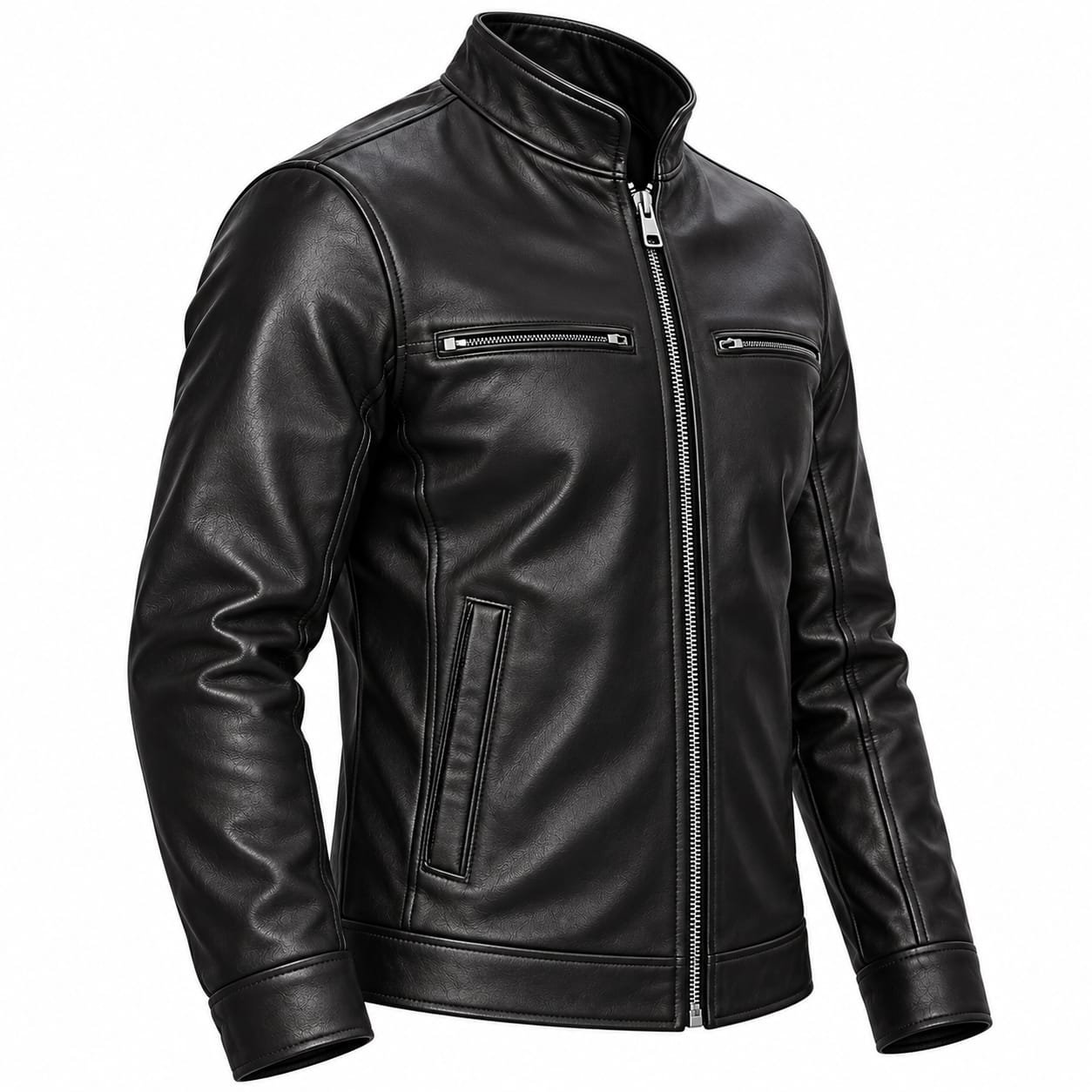Men’s Black Genuine Leather Jacket with Stand Collar - Image 5