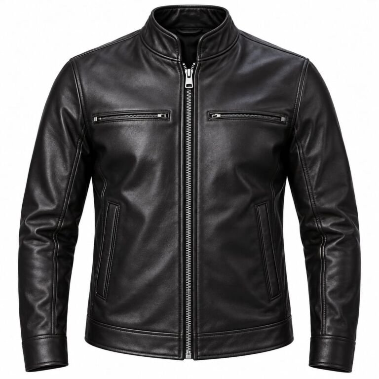 Men's black genuine leather jacket with stand collar and zip pockets