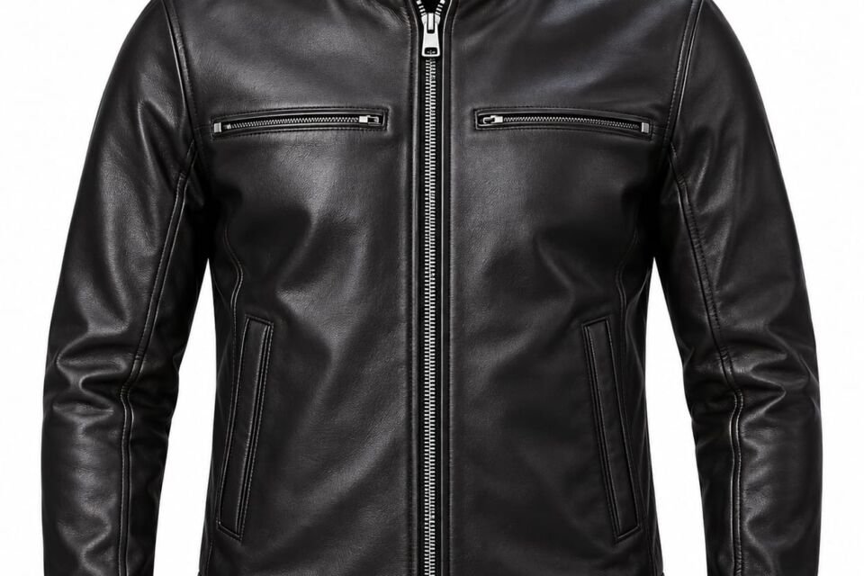 Men's black genuine leather jacket with stand collar and zip pockets
