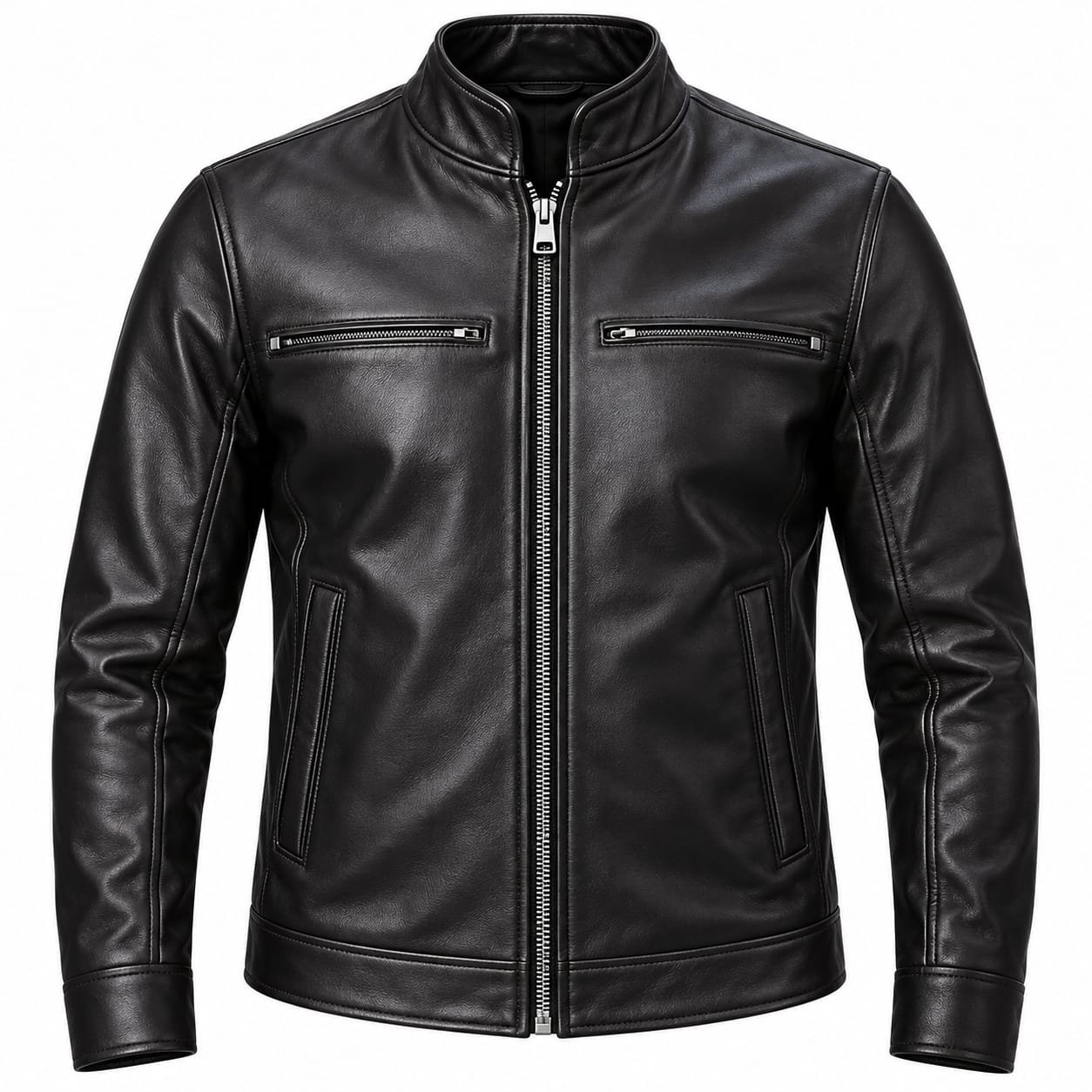 Men's black genuine leather jacket with stand collar and zip pockets