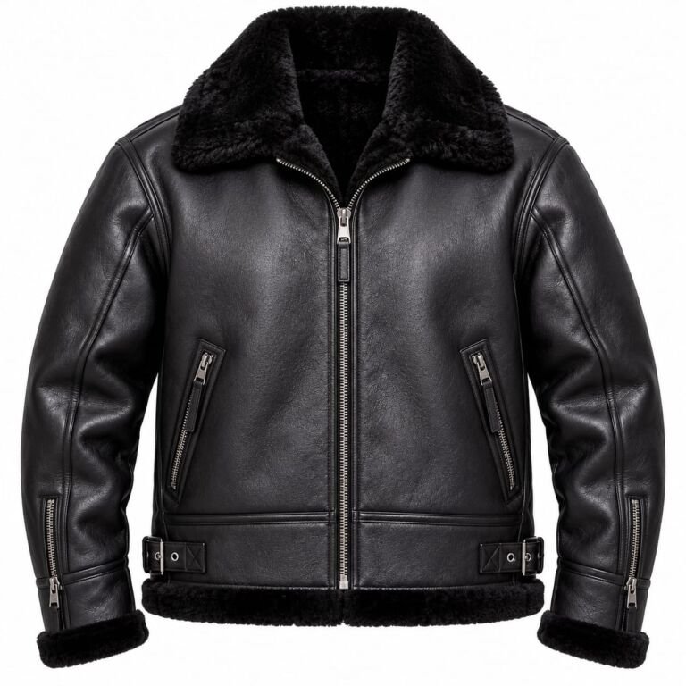 Black shearling leather motorcycle jacket for men