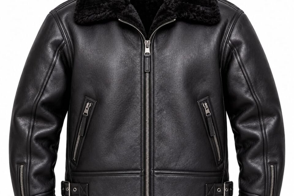 Black shearling leather motorcycle jacket for men