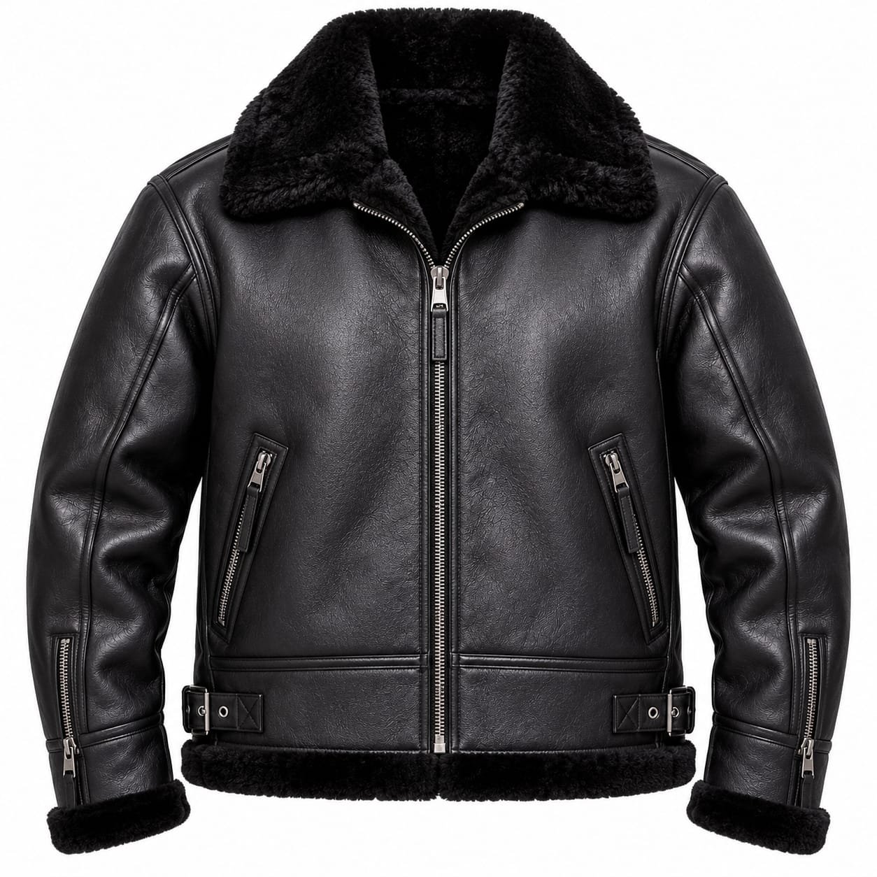 Black shearling leather motorcycle jacket for men