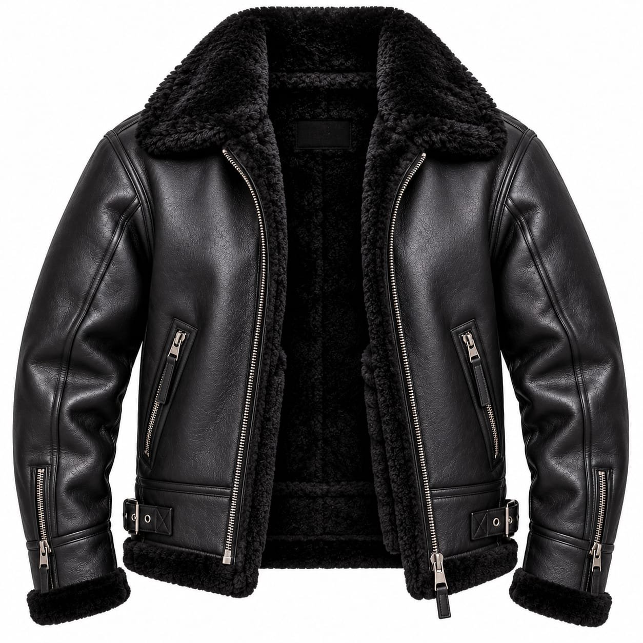 Black shearling leather motorcycle jacket for men