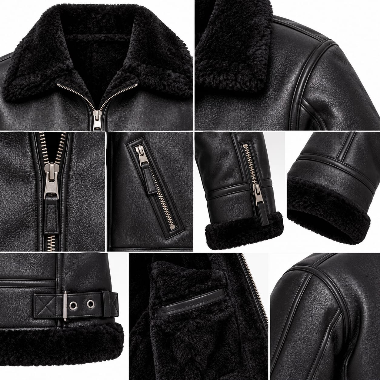 Black shearling leather motorcycle jacket for men