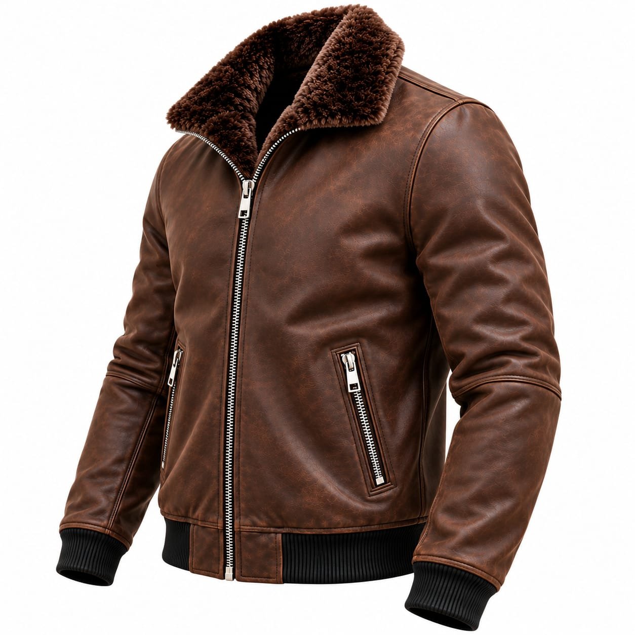 Brown Shearling Leather Bomber Jacket for Men - Image 4