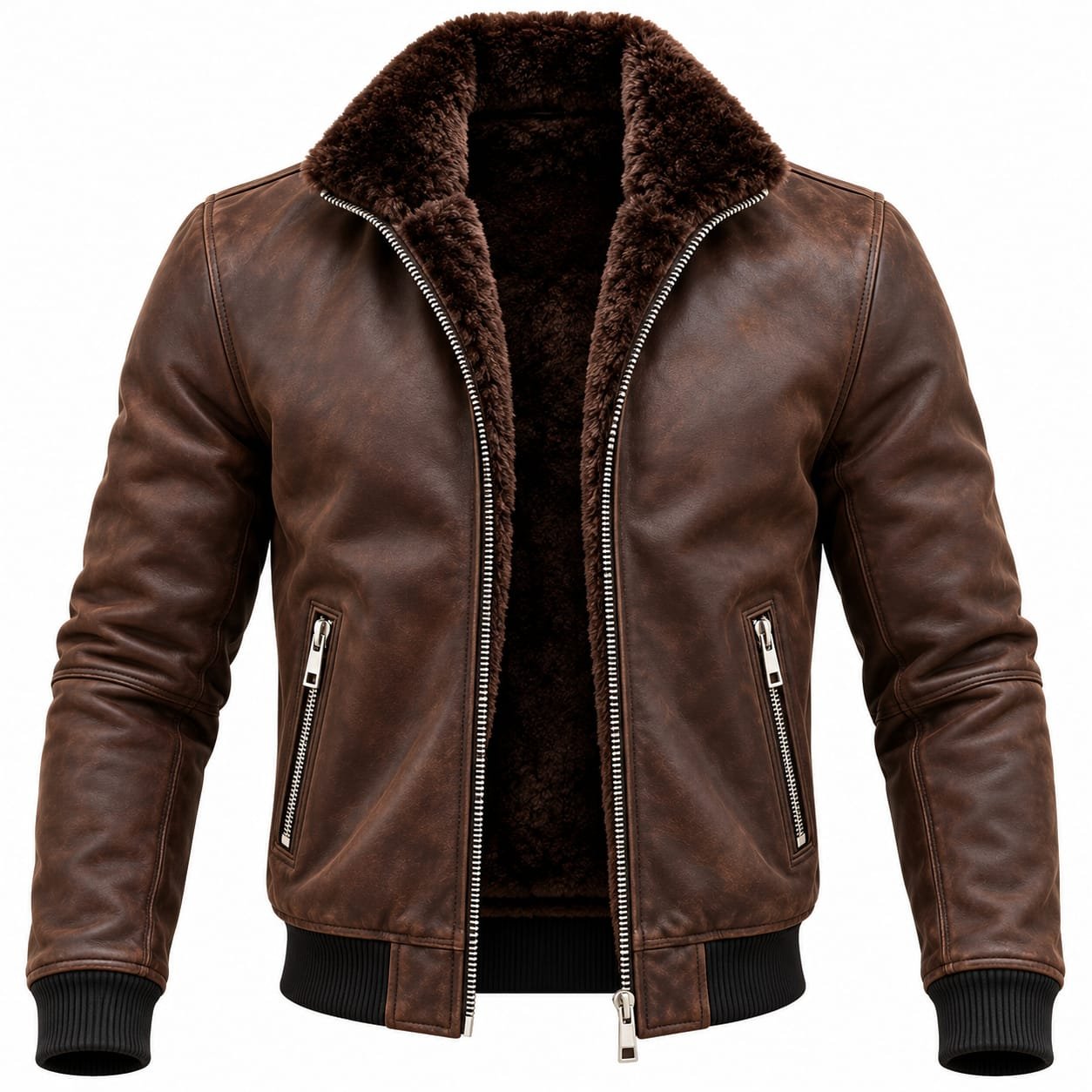 Brown Shearling Leather Bomber Jacket for Men - Image 2
