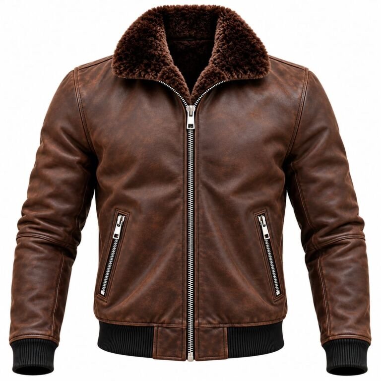 Men's brown shearling leather bomber jacket