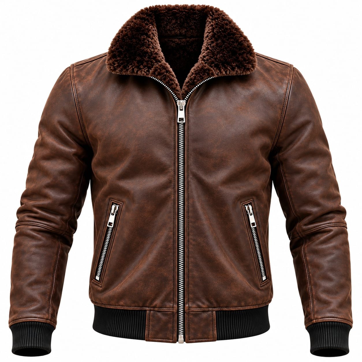 Men's brown shearling leather bomber jacket