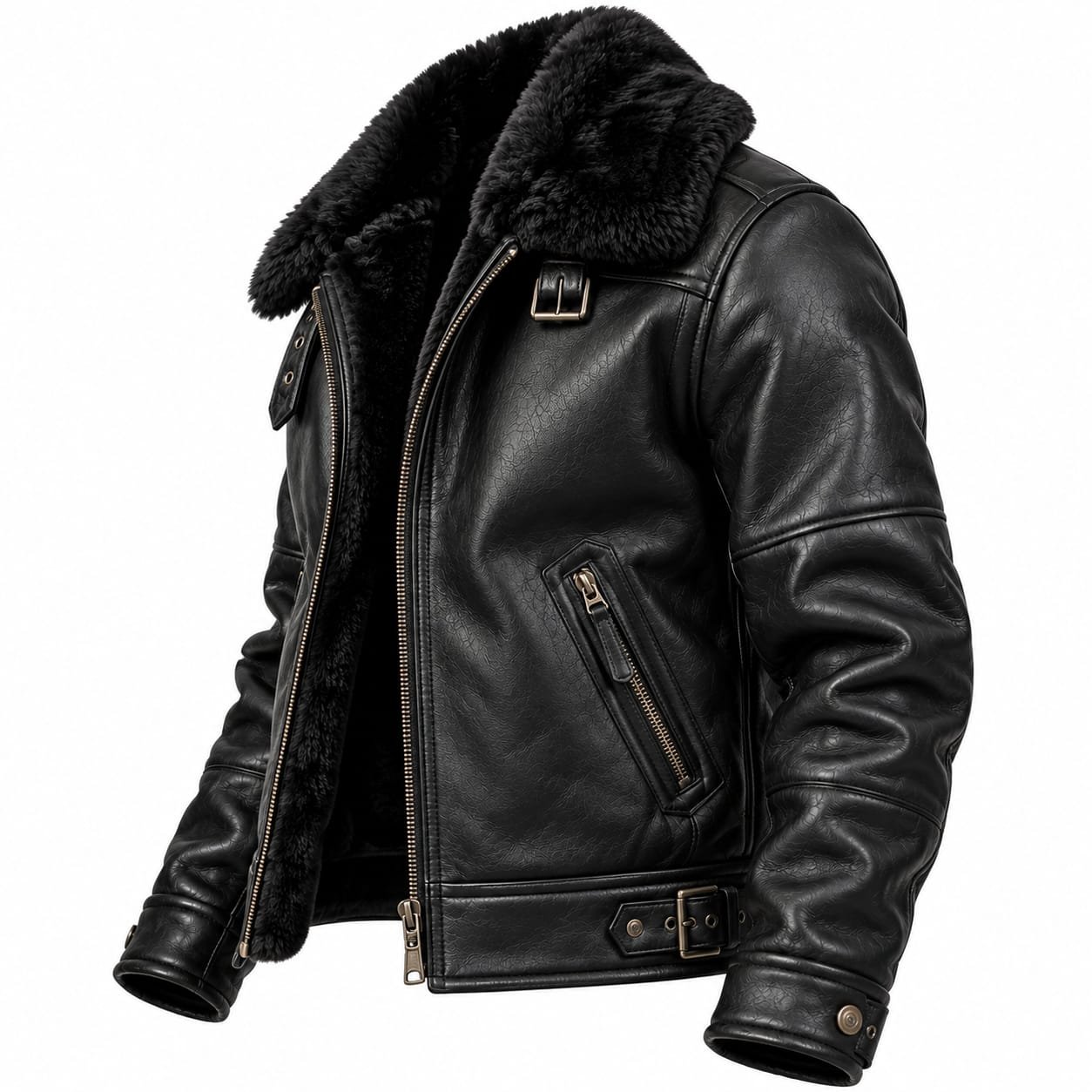 Men’s Black Leather Shearling Biker Jacket | Fur Collar Motorcycle Jacket - Image 4