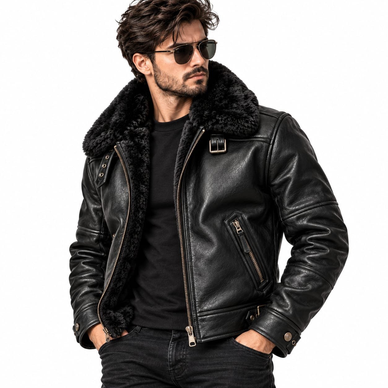 Men’s Black Leather Shearling Biker Jacket | Fur Collar Motorcycle Jacket - Image 6