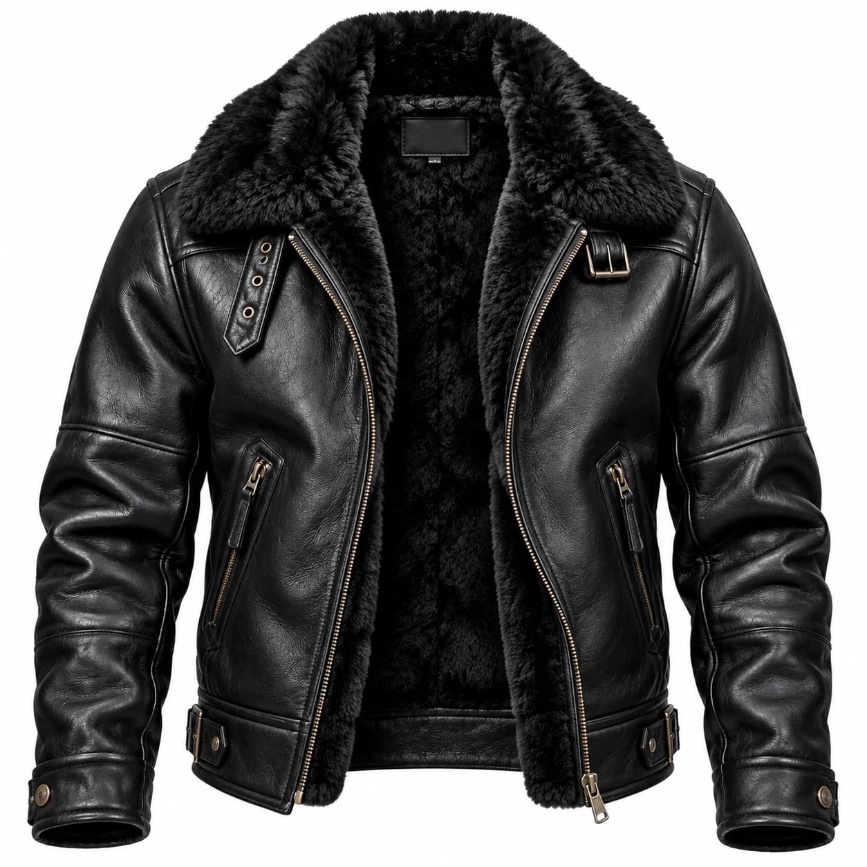 Men’s Black Leather Shearling Biker Jacket | Fur Collar Motorcycle Jacket - Image 3