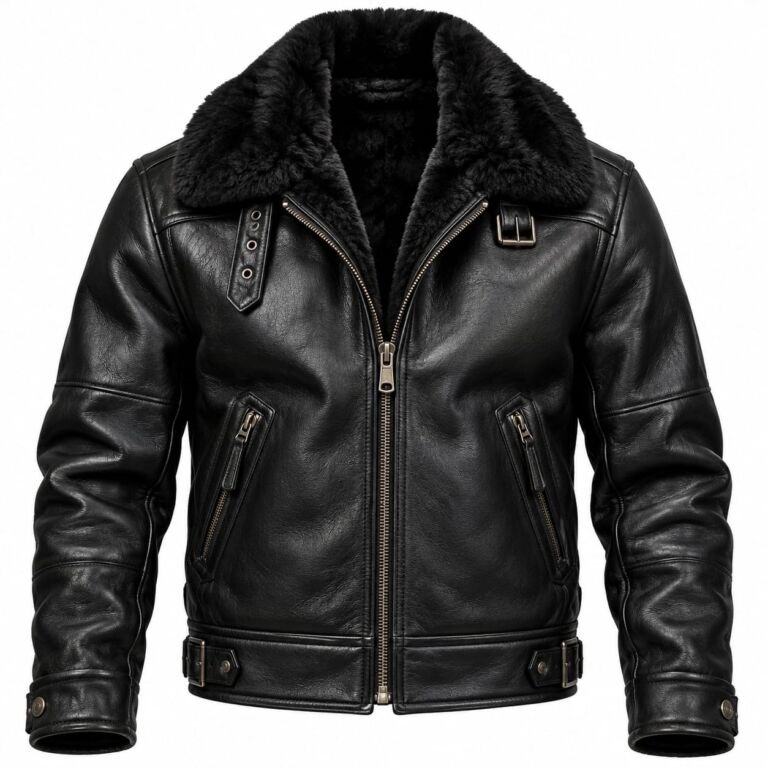 Men’s black leather shearling biker jacket with fur collar and zip pockets