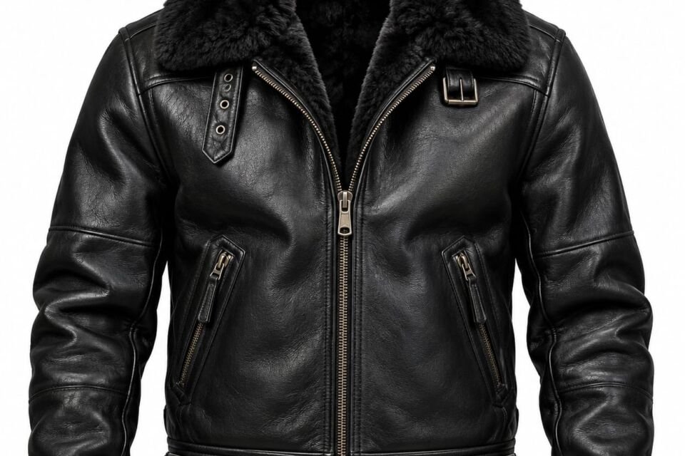 Men’s black leather shearling biker jacket with fur collar and zip pockets