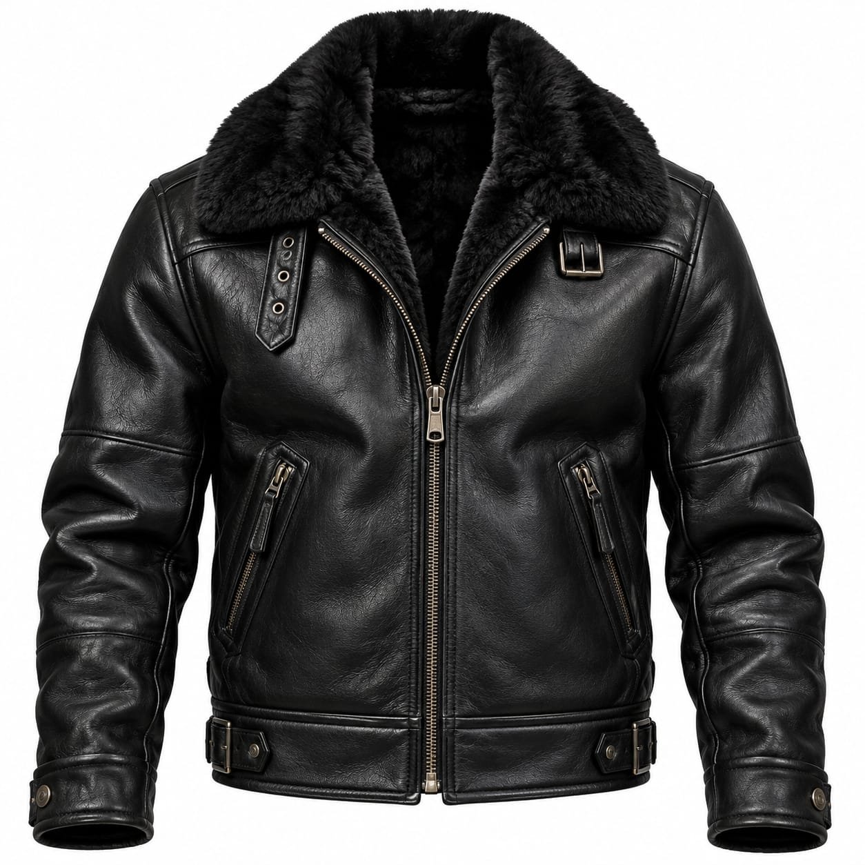 Men’s black leather shearling biker jacket with fur collar and zip pockets