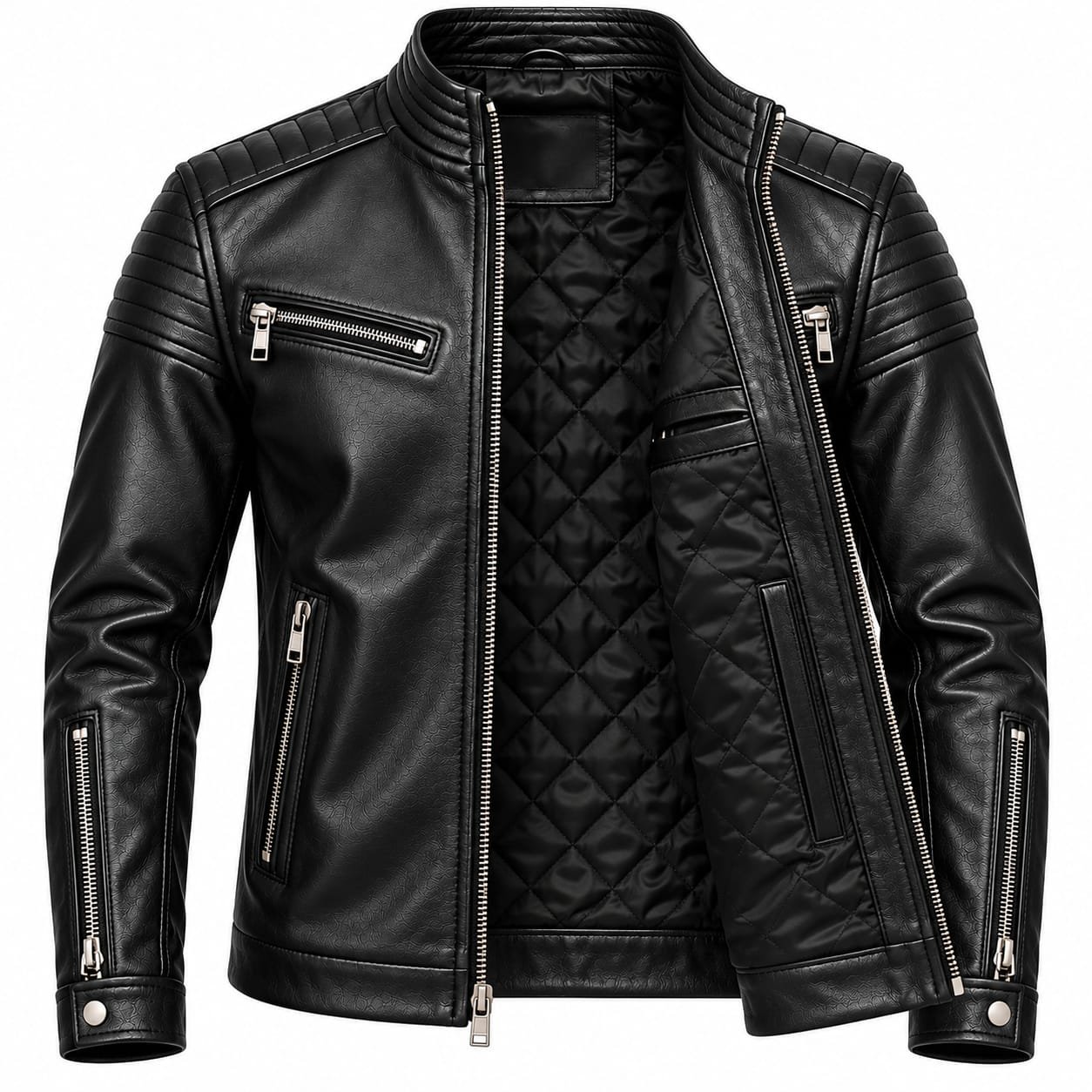Men's Black Textured Leather Jacket with Quilted Shoulders - Image 4