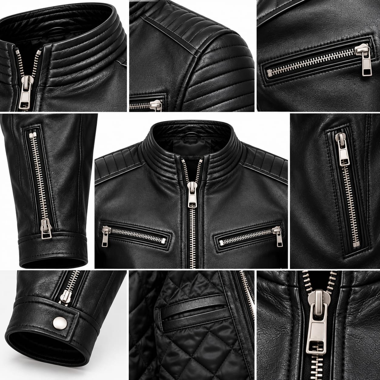 Men's black textured leather jacket with quilted shoulders, silver zipper pockets, stand-up collar, and snap-button cuffs