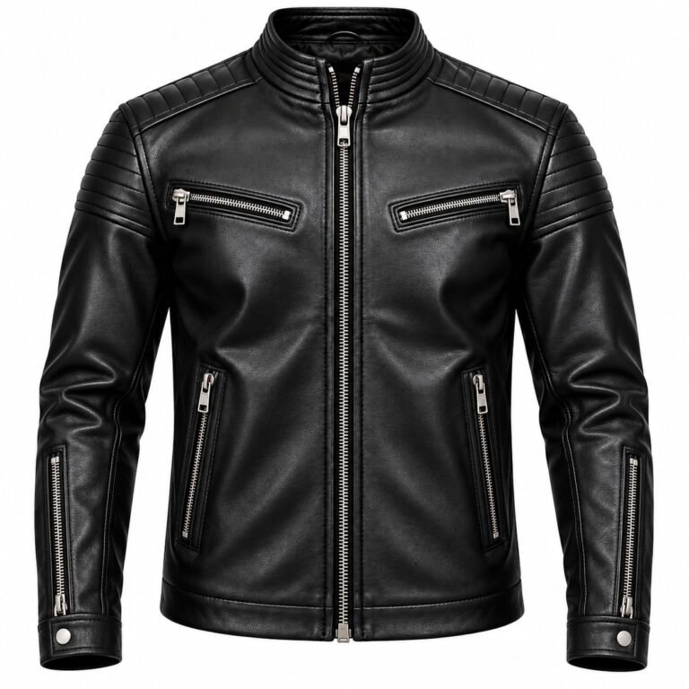 Men's black textured leather jacket with quilted shoulders, silver zipper pockets, stand-up collar, and snap-button cuffs