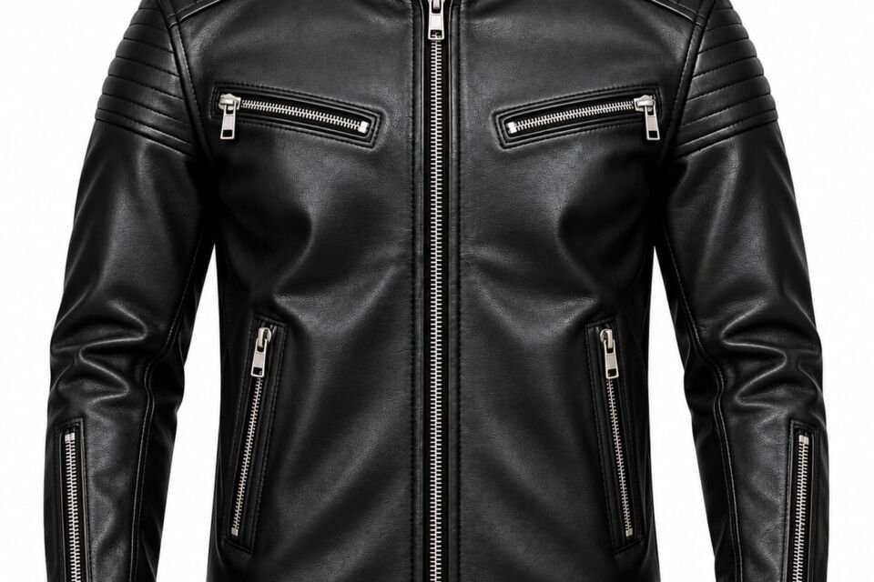 Men's black textured leather jacket with quilted shoulders, silver zipper pockets, stand-up collar, and snap-button cuffs