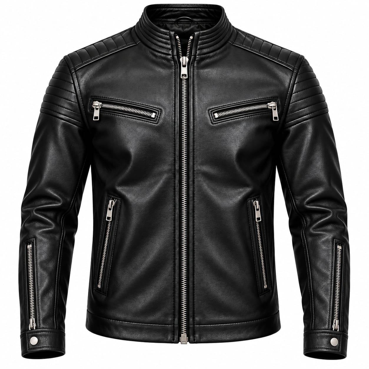 Men's black textured leather jacket with quilted shoulders, silver zipper pockets, stand-up collar, and snap-button cuffs