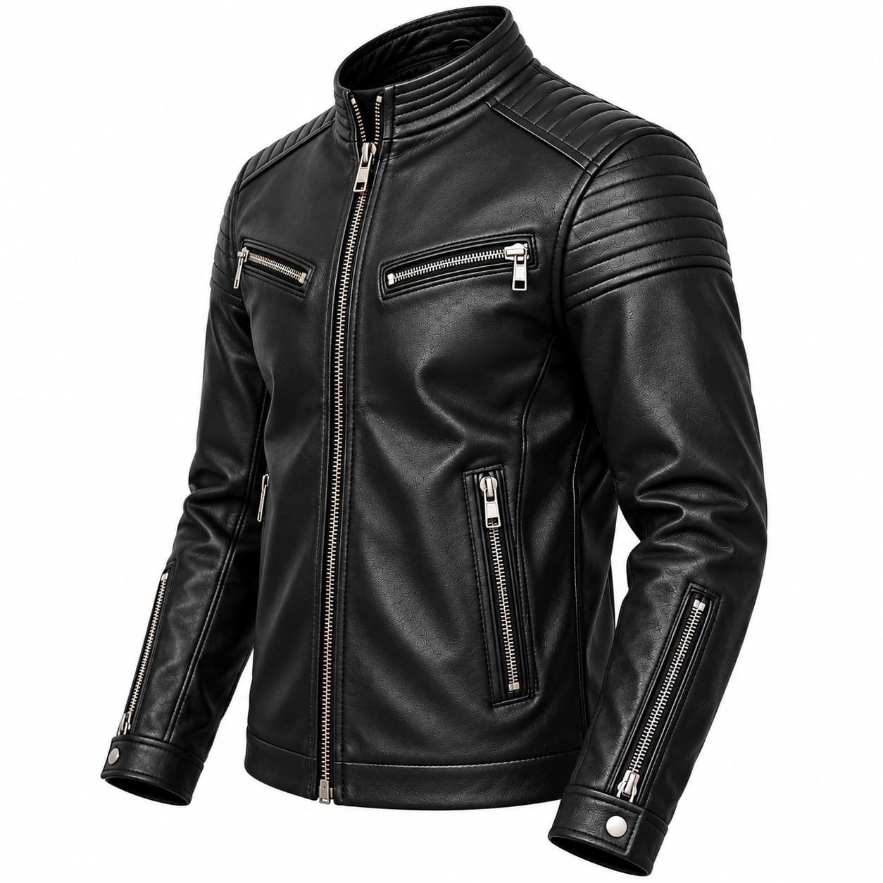 Men's Black Textured Leather Jacket with Quilted Shoulders - Image 3