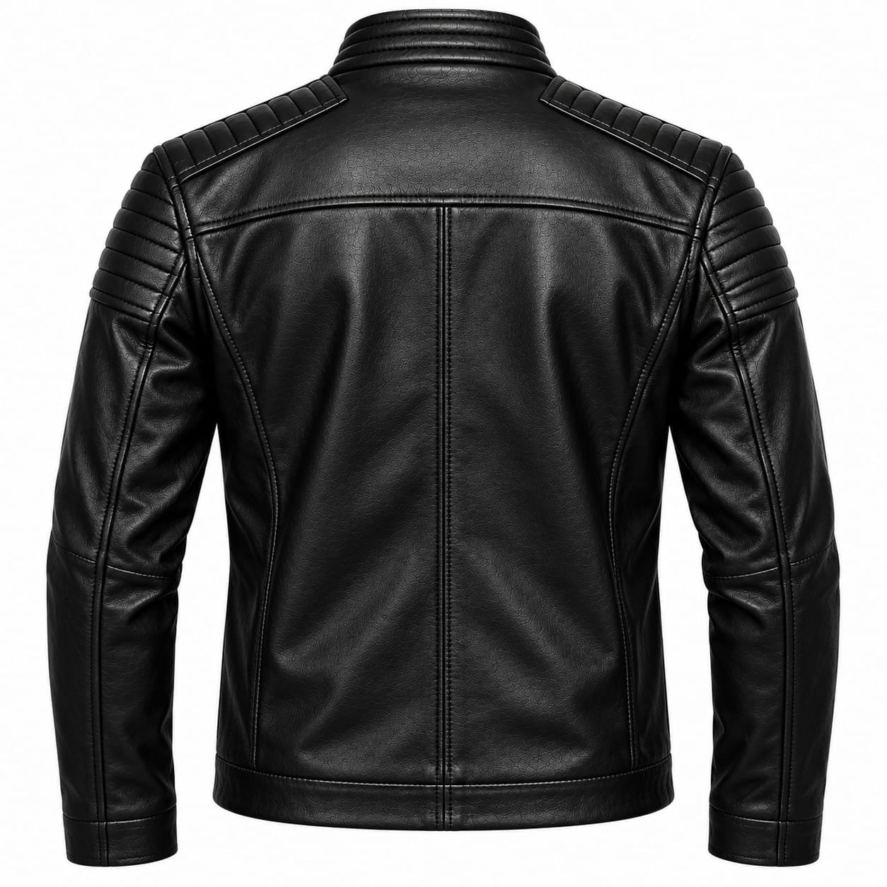 Men's Black Textured Leather Jacket with Quilted Shoulders - Image 2