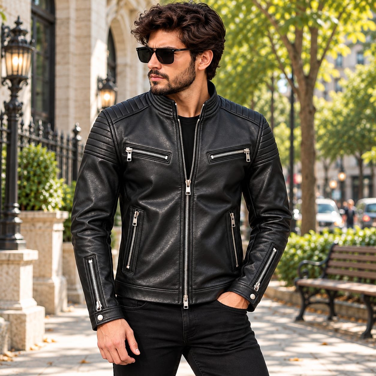 Men's black textured leather jacket with quilted shoulders, silver zipper pockets, stand-up collar, and snap-button cuffs