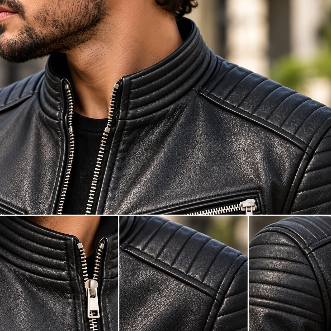 Men's Black Textured Leather Jacket with Quilted Shoulders - Image 7
