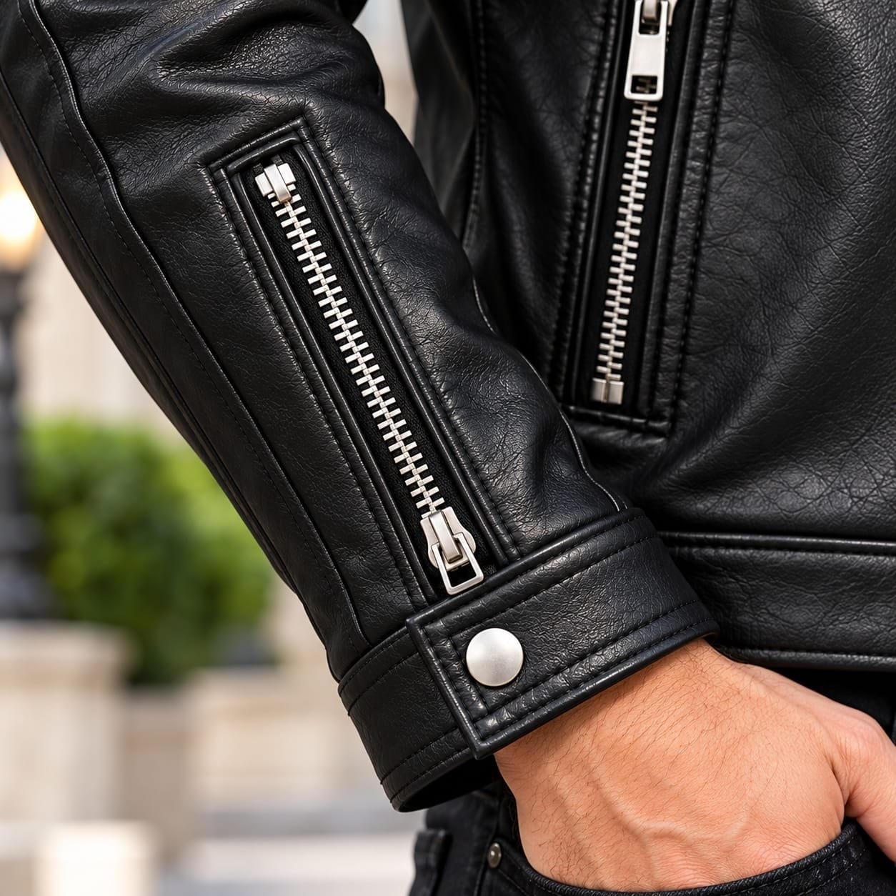 Men's Black Textured Leather Jacket with Quilted Shoulders - Image 8