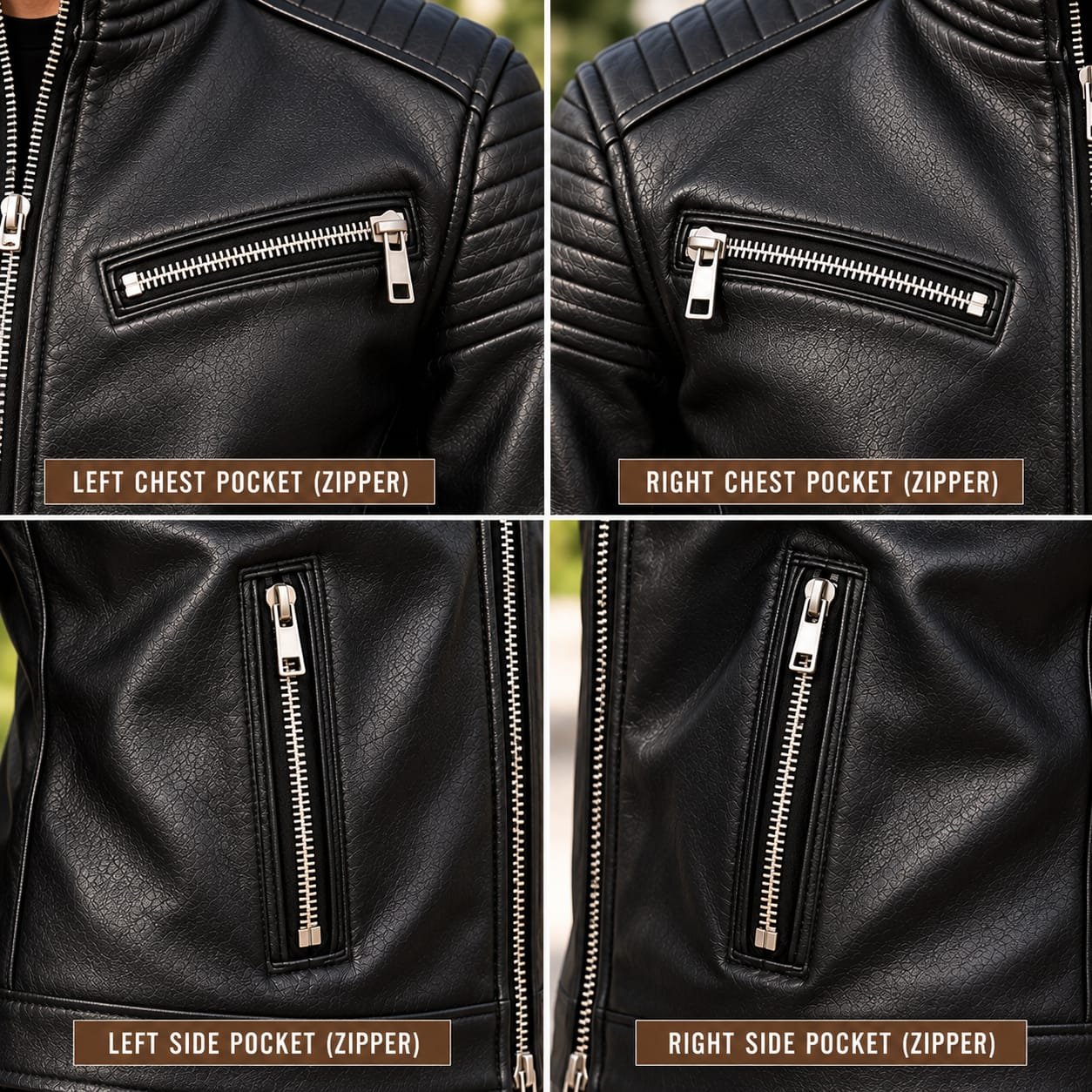 Men's Black Textured Leather Jacket with Quilted Shoulders - Image 6