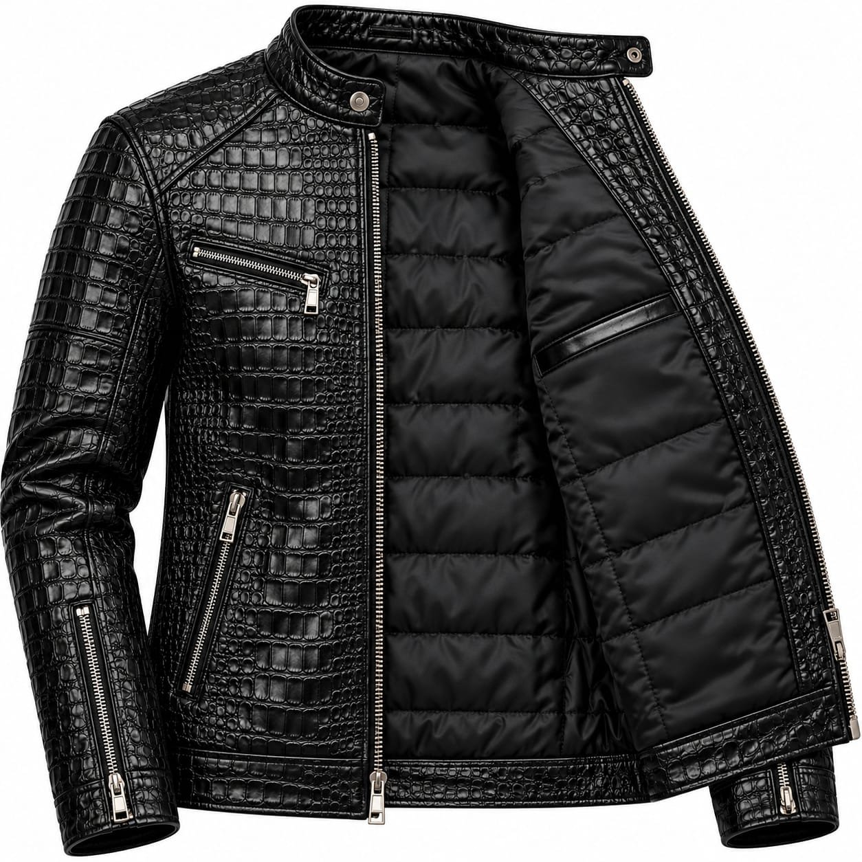 black leather jacket, crocodile jacket, embossed leather, mens biker jacket, black biker jacket, cafe racer jacket, mens leatherwear, luxury leather jacket, slim fit jacket, zip up jacket, textured leather, mens streetwear, designer jacket