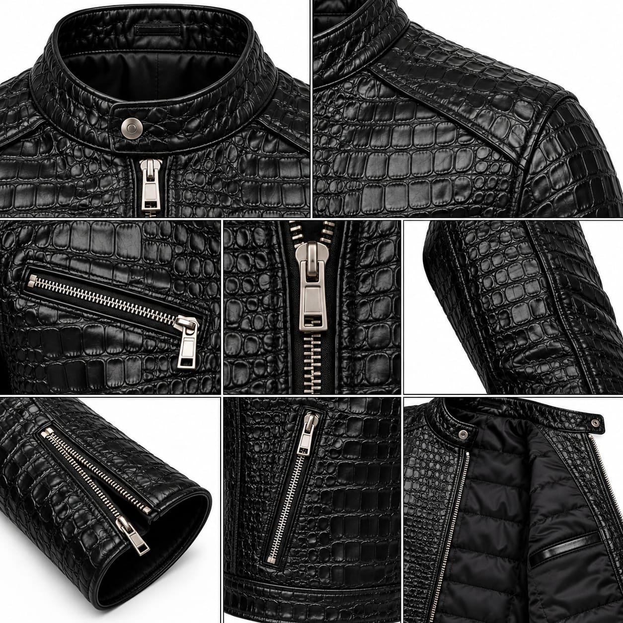 black leather jacket, crocodile jacket, embossed leather, mens biker jacket, black biker jacket, cafe racer jacket, mens leatherwear, luxury leather jacket, slim fit jacket, zip up jacket, textured leather, mens streetwear, designer jacket