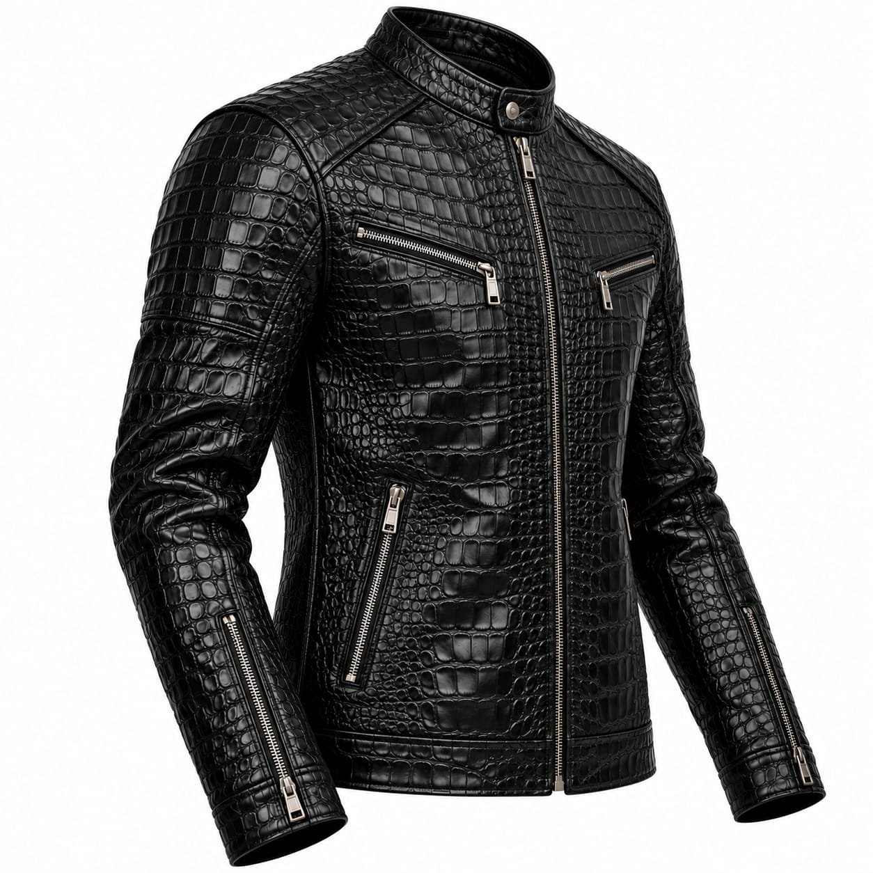 Men's Black Crocodile Embossed Leather Jacket - Image 3