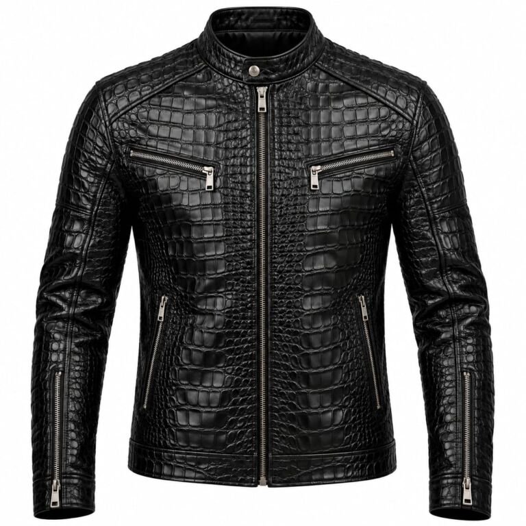 Men's black crocodile embossed leather biker jacket with silver zippers and stand-up collar