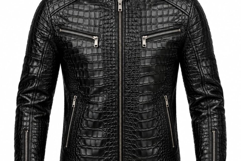 Men's black crocodile embossed leather biker jacket with silver zippers and stand-up collar