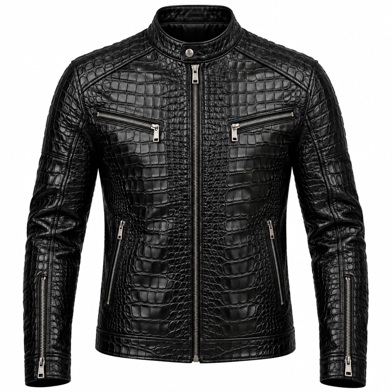 Men's black crocodile embossed leather biker jacket with silver zippers and stand-up collar